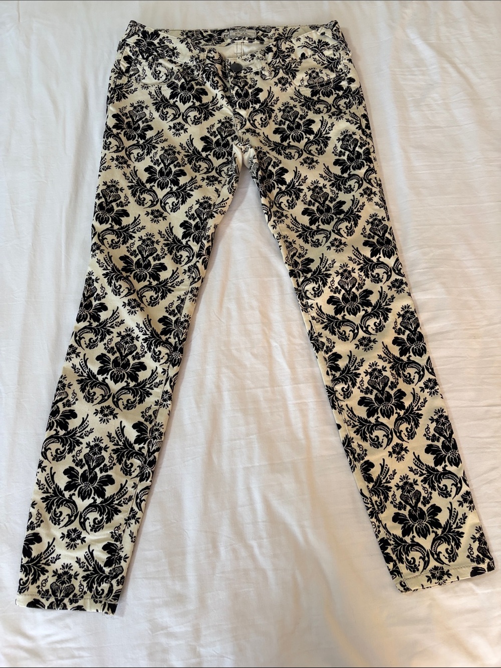 Free People Cream Jeans with Black Damask Print